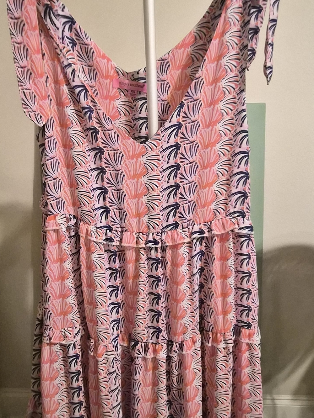 Simply Southern Pink & Orange Shell Print Tiered Sundress Tie Straps Size XS